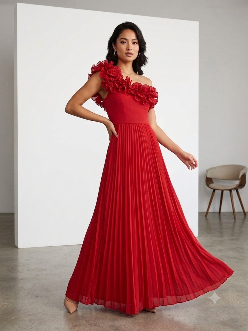 Red Pleated One Shoulder Maxi Dress Ruffle Formal Evening Gown Wedding Guest Sz4